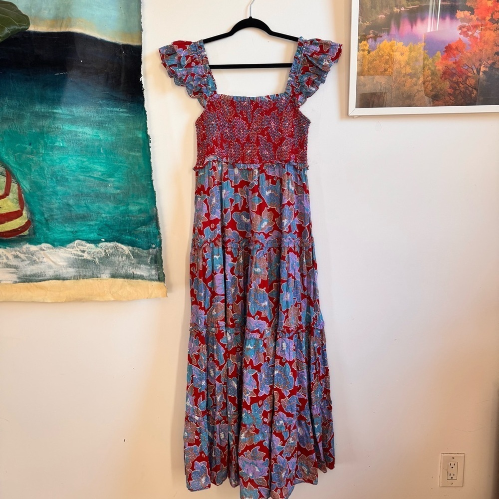 Anthropologie Love the Lable Bouquet Smocked Maxi Dress Size Large Blue Red - Picture 2 of 8